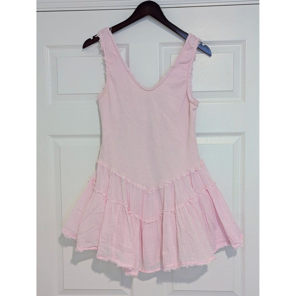 Free People Intimately Pink Tiered Gauze Mini Dress Sleeveless Distressed M